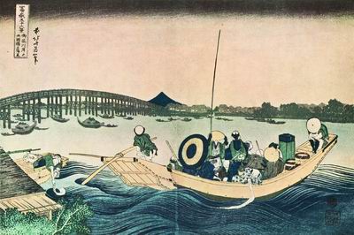 Закат над мостом Рёгёку. Из серии «Тридцать шесть видов горы Фудзи». 1823–1829