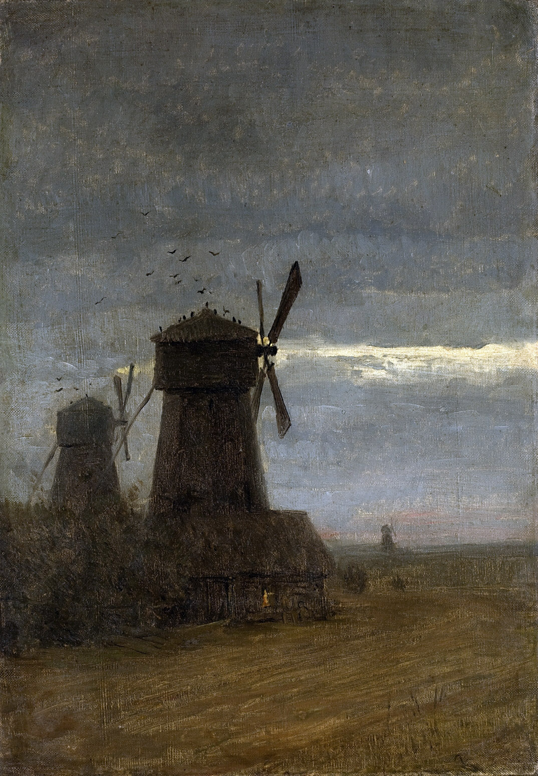 Левитан И.. Ветряные мельницы. Поздние сумерки. 1870-е