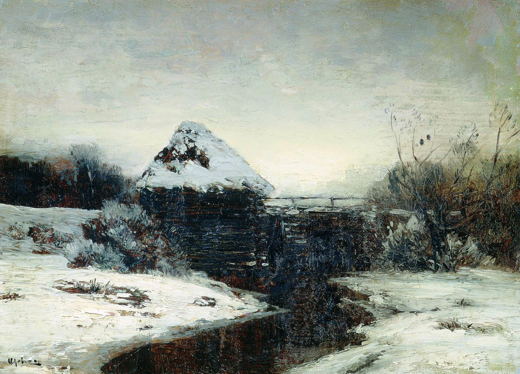 Левитан И.. Зимний пейзаж с мельницей. 1884