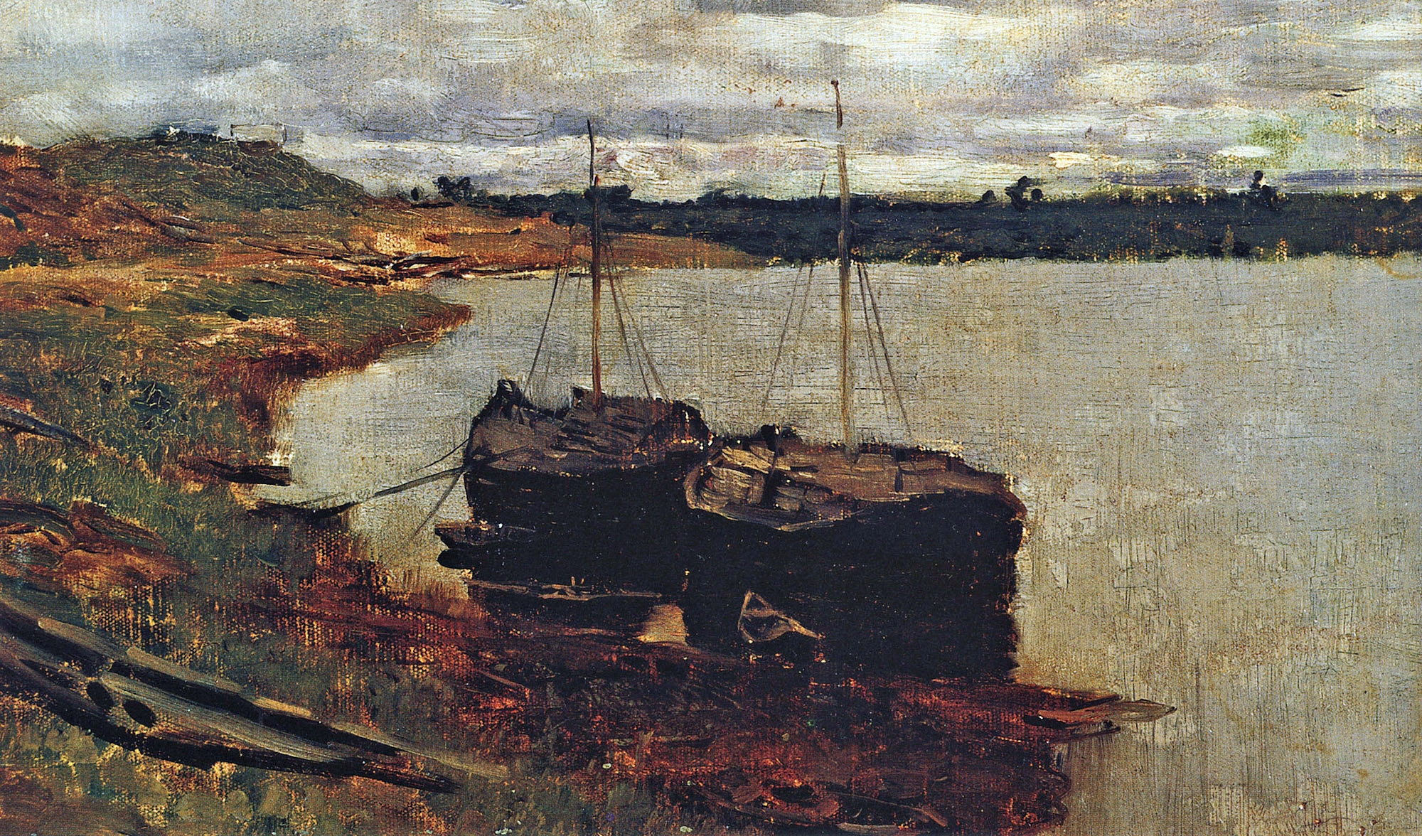 Левитан И.. Баржи. Волга. 1889