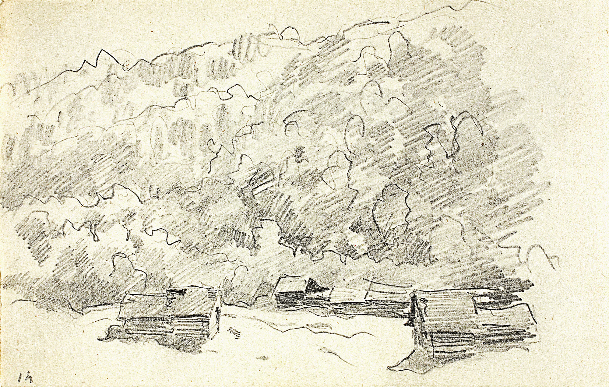 Левитан И.. Ветхие избушки у подножия лесистой горы. 1890
