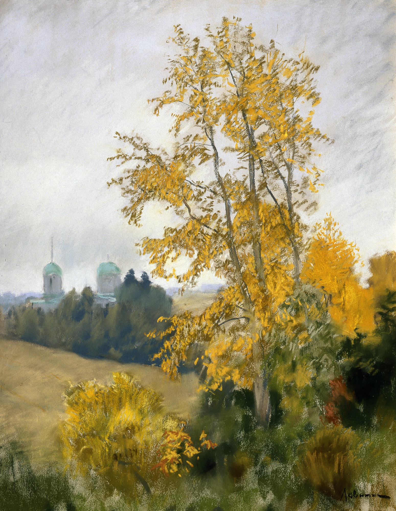 Левитан И.. Осенний пейзаж с церковью. 1890-е