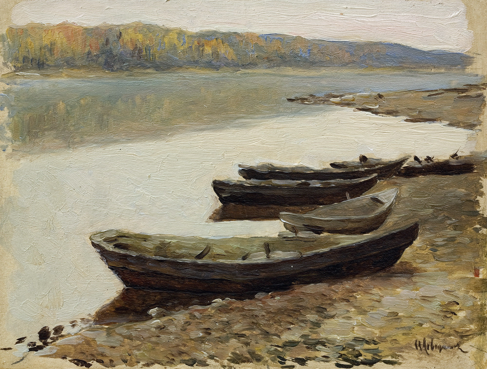 Левитан И.. Волжский пейзаж. Лодки у берега. 1877-1878