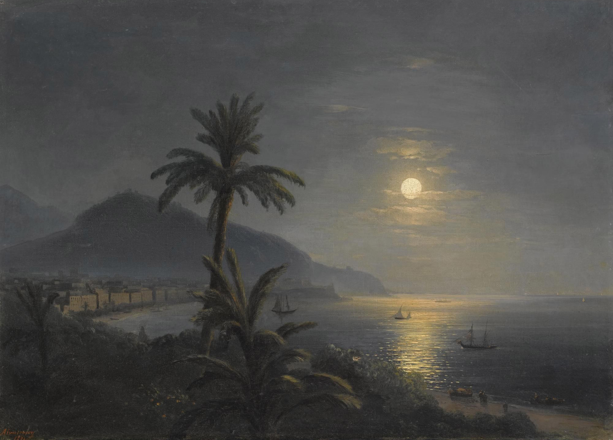 Айвазовский. Пальмы около моря при луне. 1874