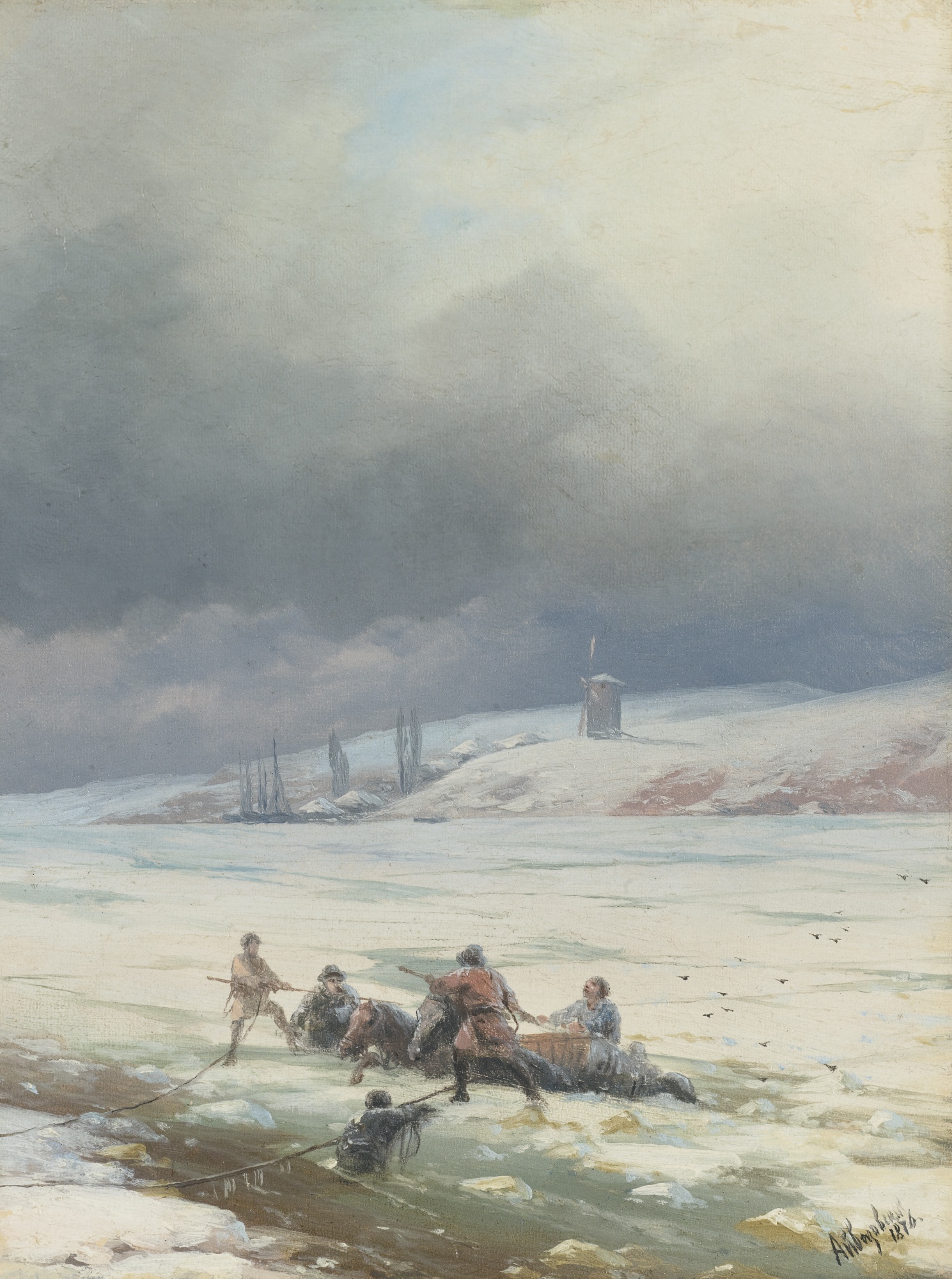 Айвазовский. Вытягивание лошади с повозкой из полыньи. 1876