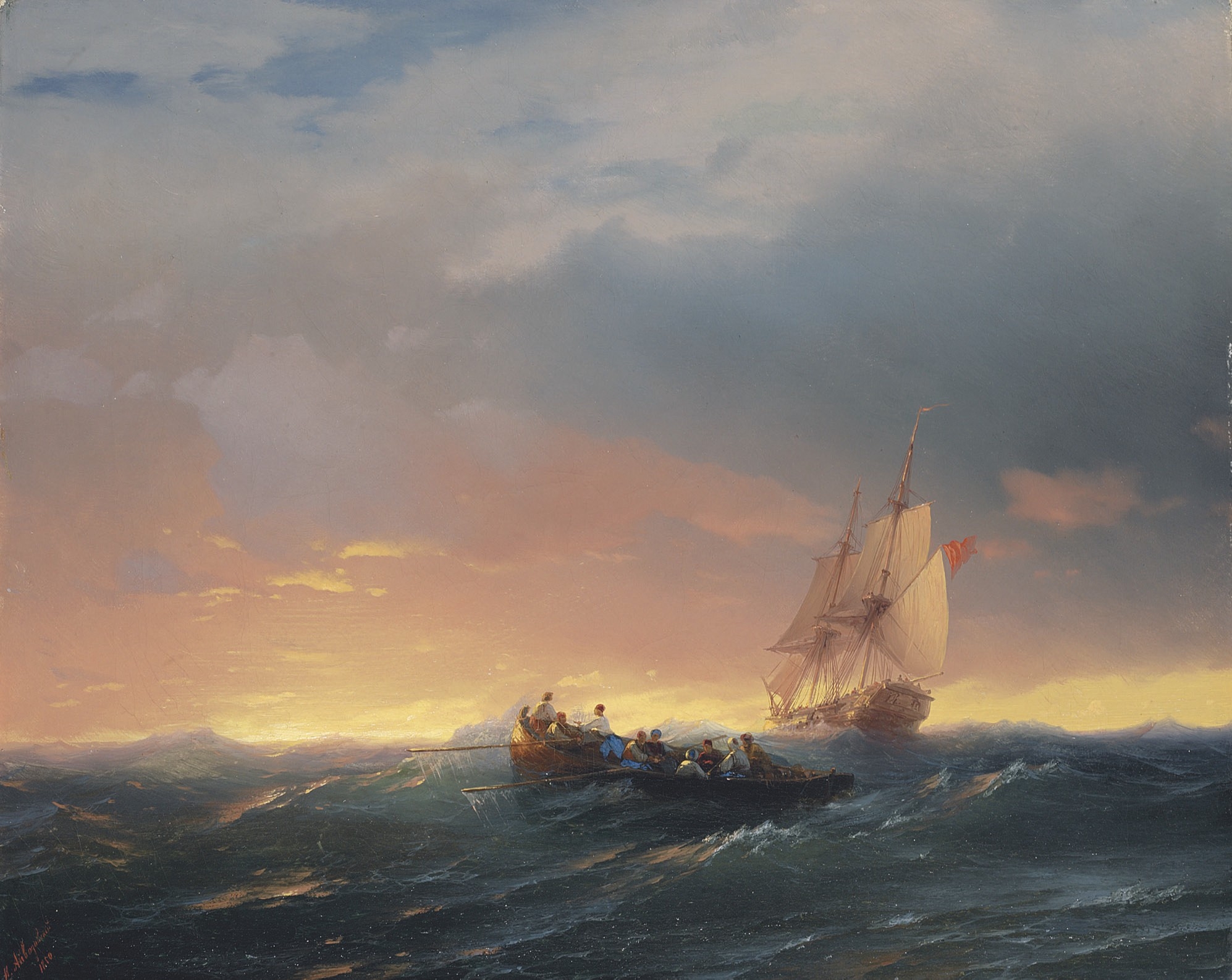 Айвазовский. Корабли на волнах при закате. 1850