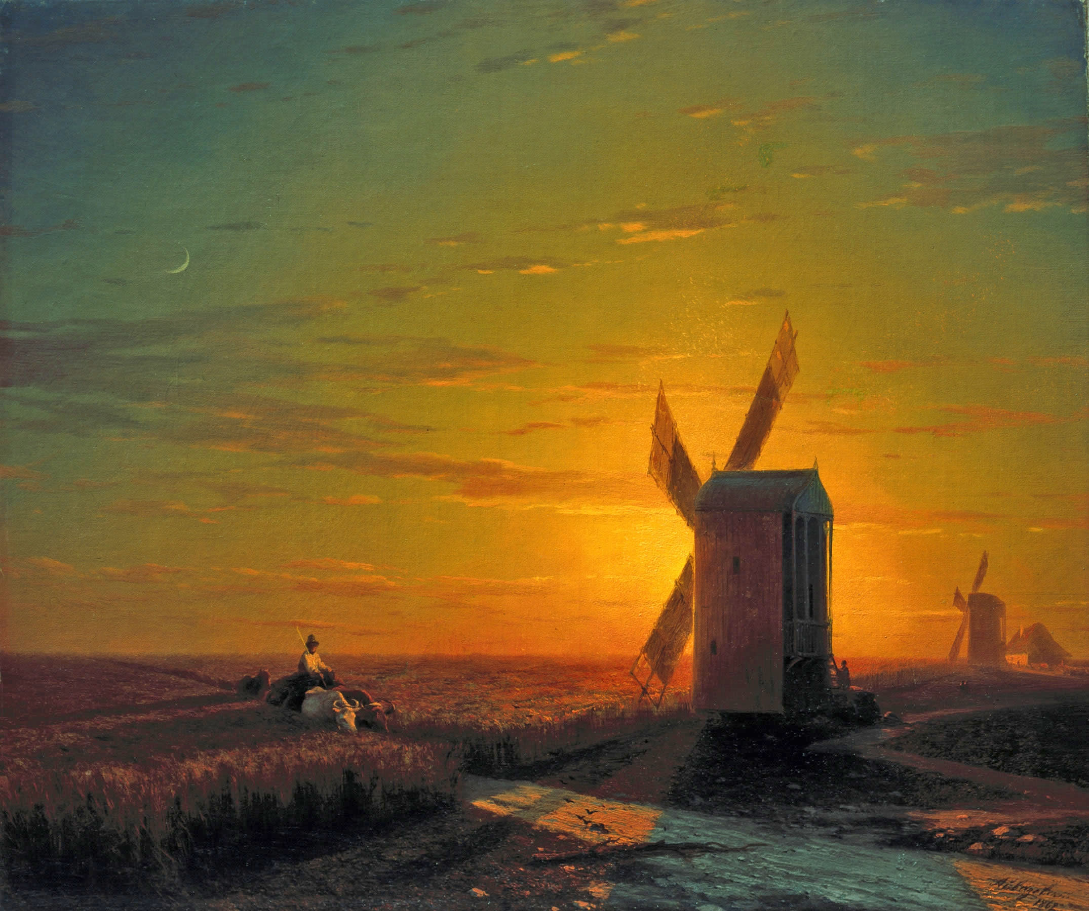Айвазовский. Ветряные мельницы в украинской степи при закате солнца.. 1862