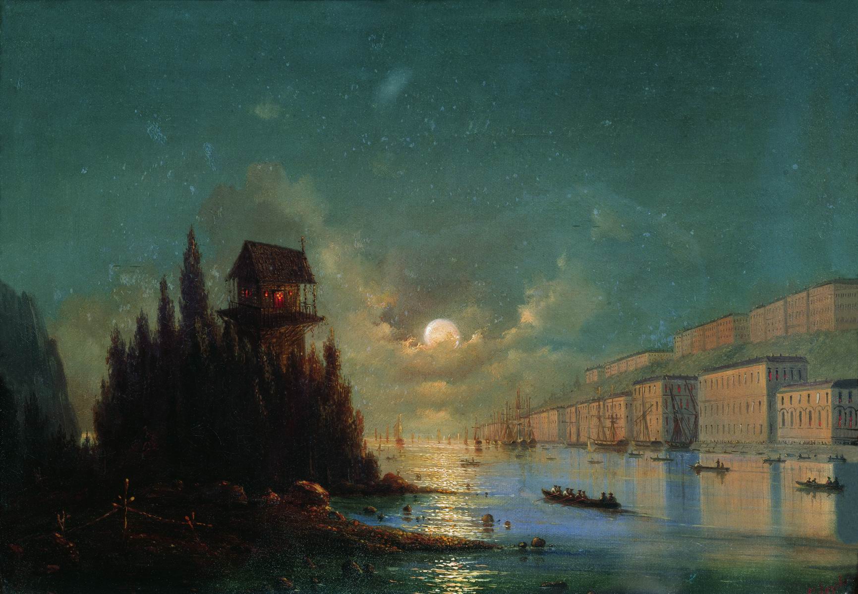 Айвазовский. Вид приморского города вечером с зажженным маяком. 1870-е