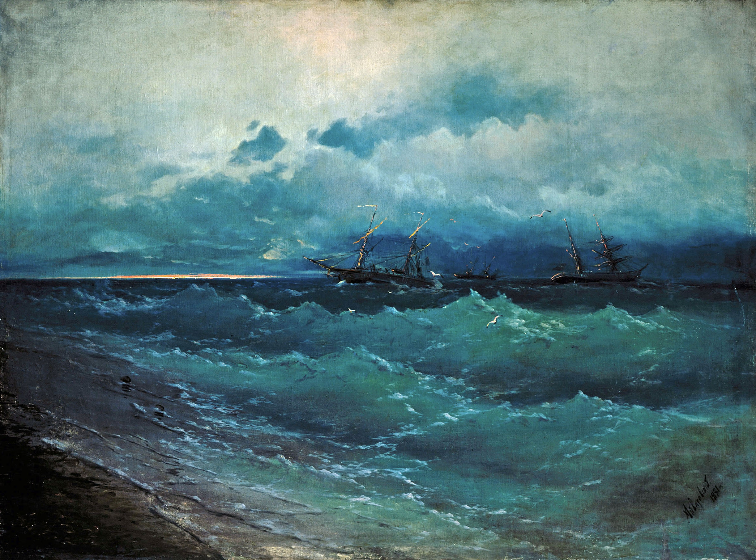 Айвазовский. Корабли в бурном море. Восход солнца. 1871
