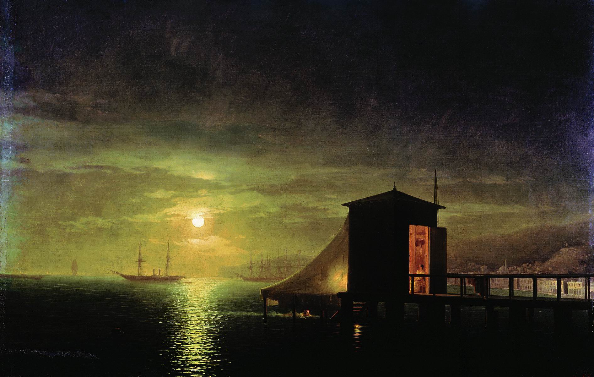 Айвазовский. Лунная ночь. Купальня в Феодосии. 1853