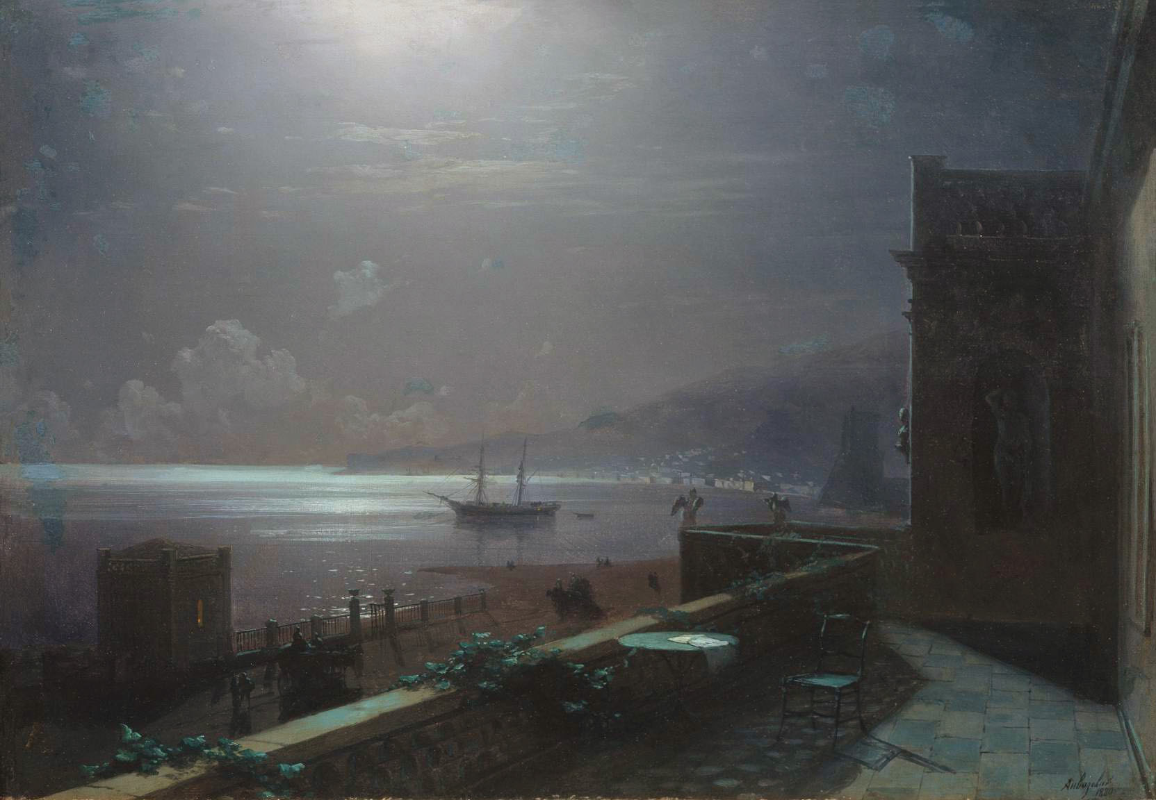 Айвазовский. Феодосия в лунную ночь. Вид с балкона дома Айвазовского на море и город. 1880