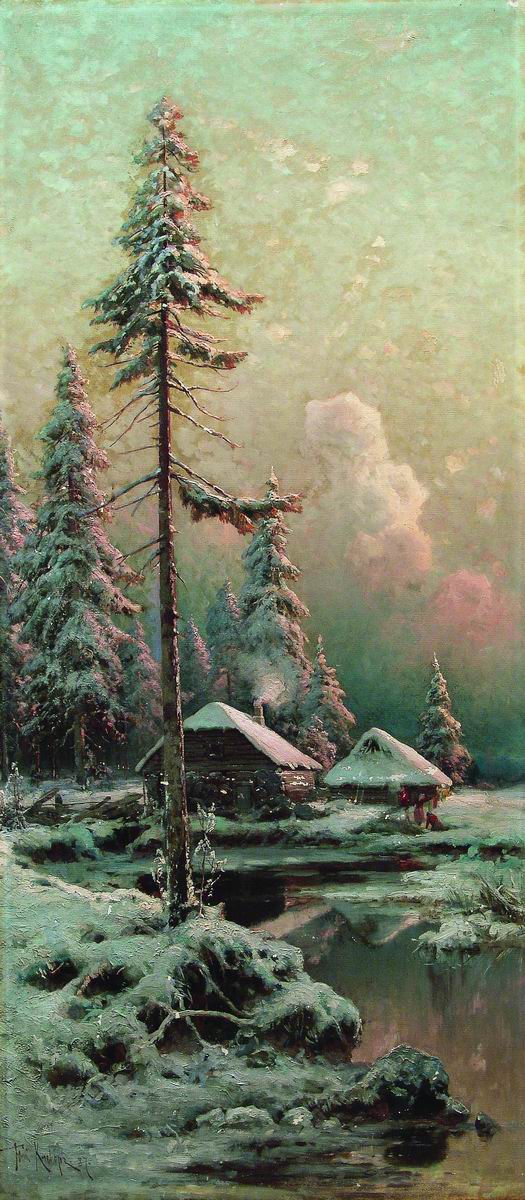 Клевер. Зимний пейзаж с избами у реки. 1887