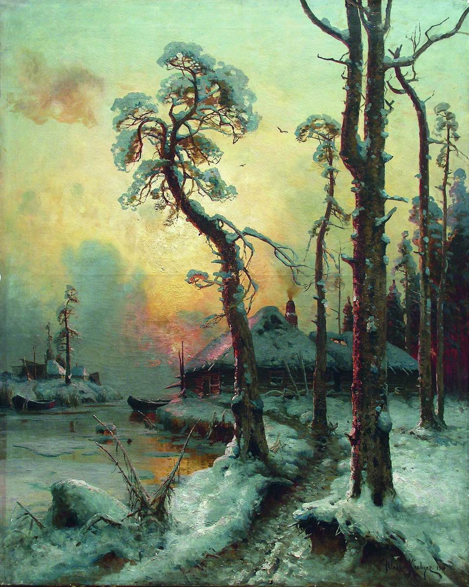Клевер. Зимний пейзаж с рекой и домами. 1914