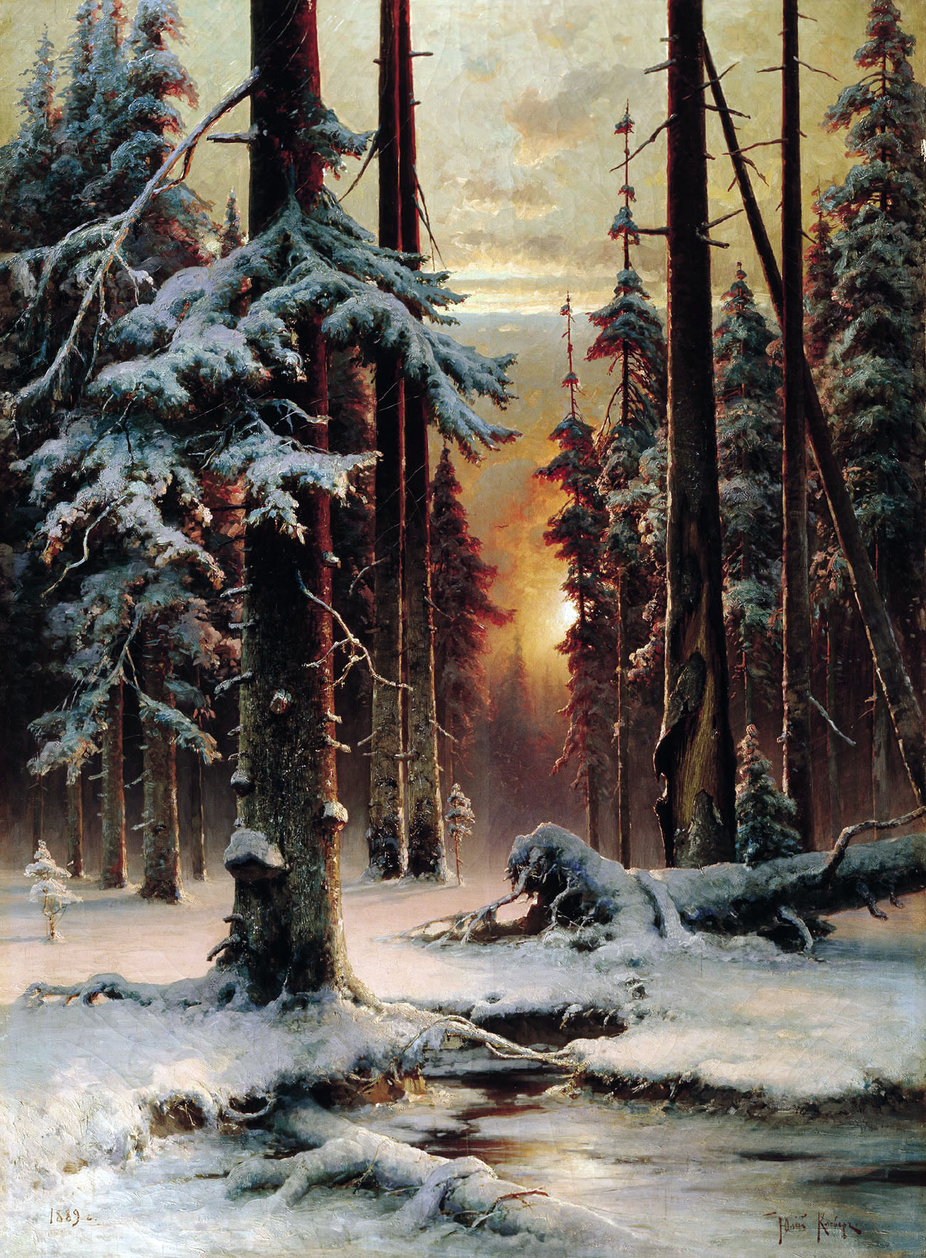Клевер. Зимний закат в еловом лесу. 1889