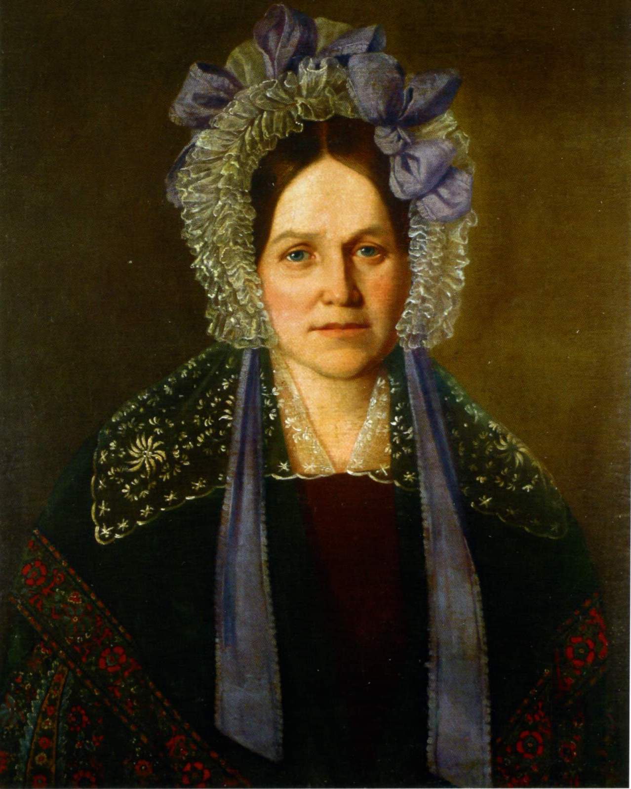 Неизвестный художник первой пол. XIX в.. Портрет неизвестной в чепце с лиловыми бантами. 1830-е - 1840-е