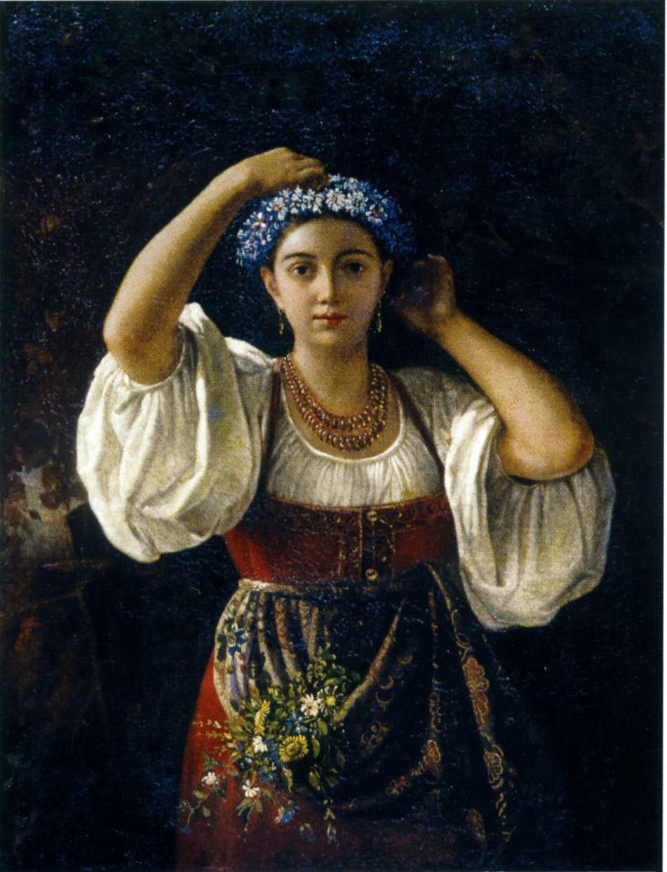 Неизвестный художник первой пол. XIX в.. Девушка в венке из васильков