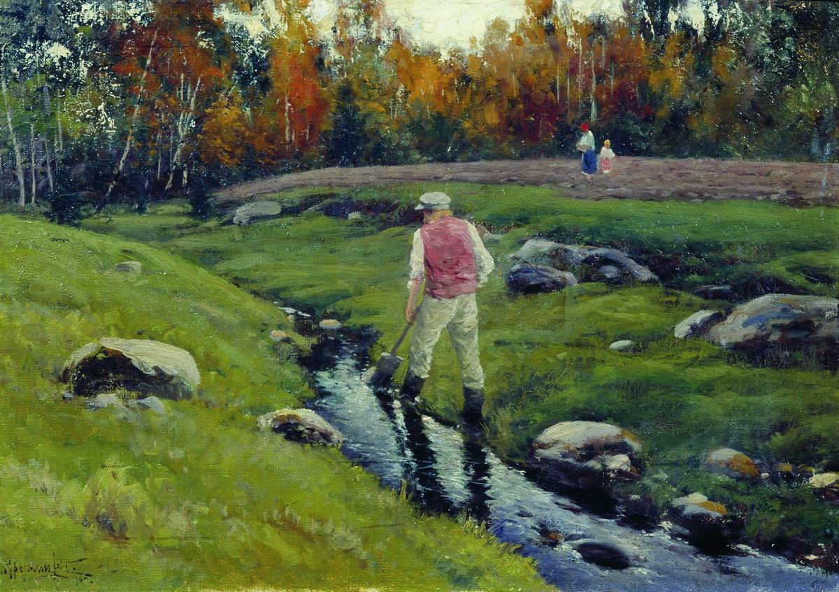 Крыжицкий. Пейзаж с рабочим у реки. 1901