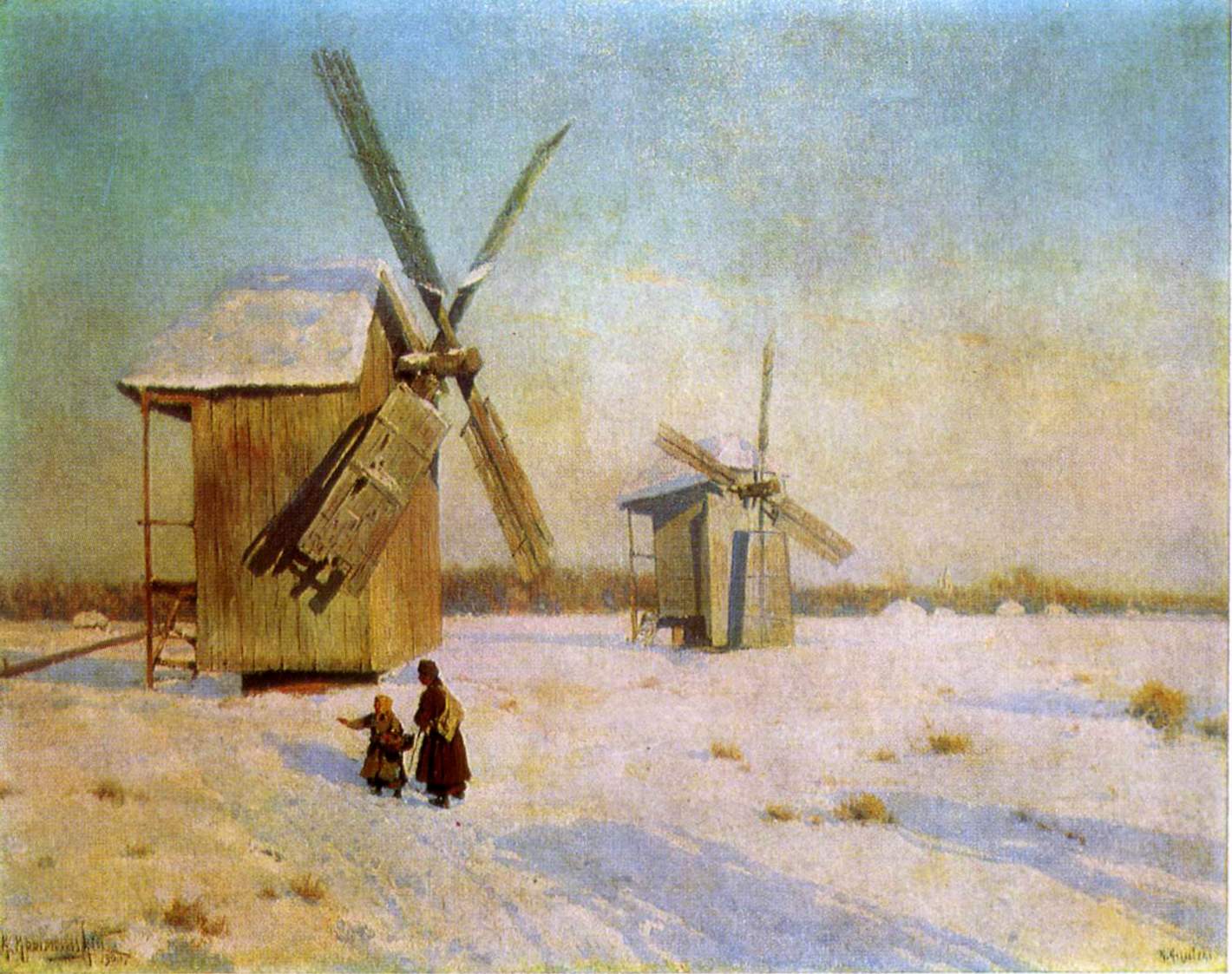 Крыжицкий. Зимний пейзаж с мельницами. 1900 