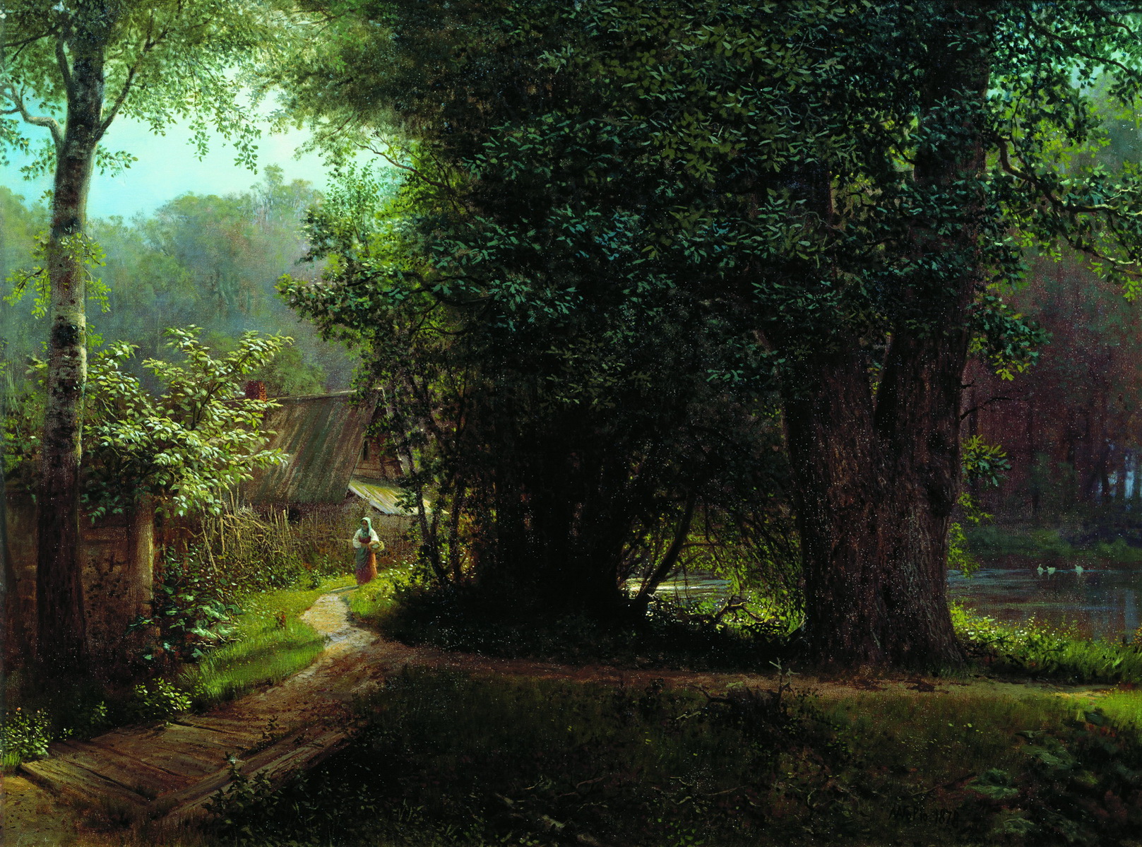 Лагорио. Пейзаж с деревьями, домами и рекой. 1878