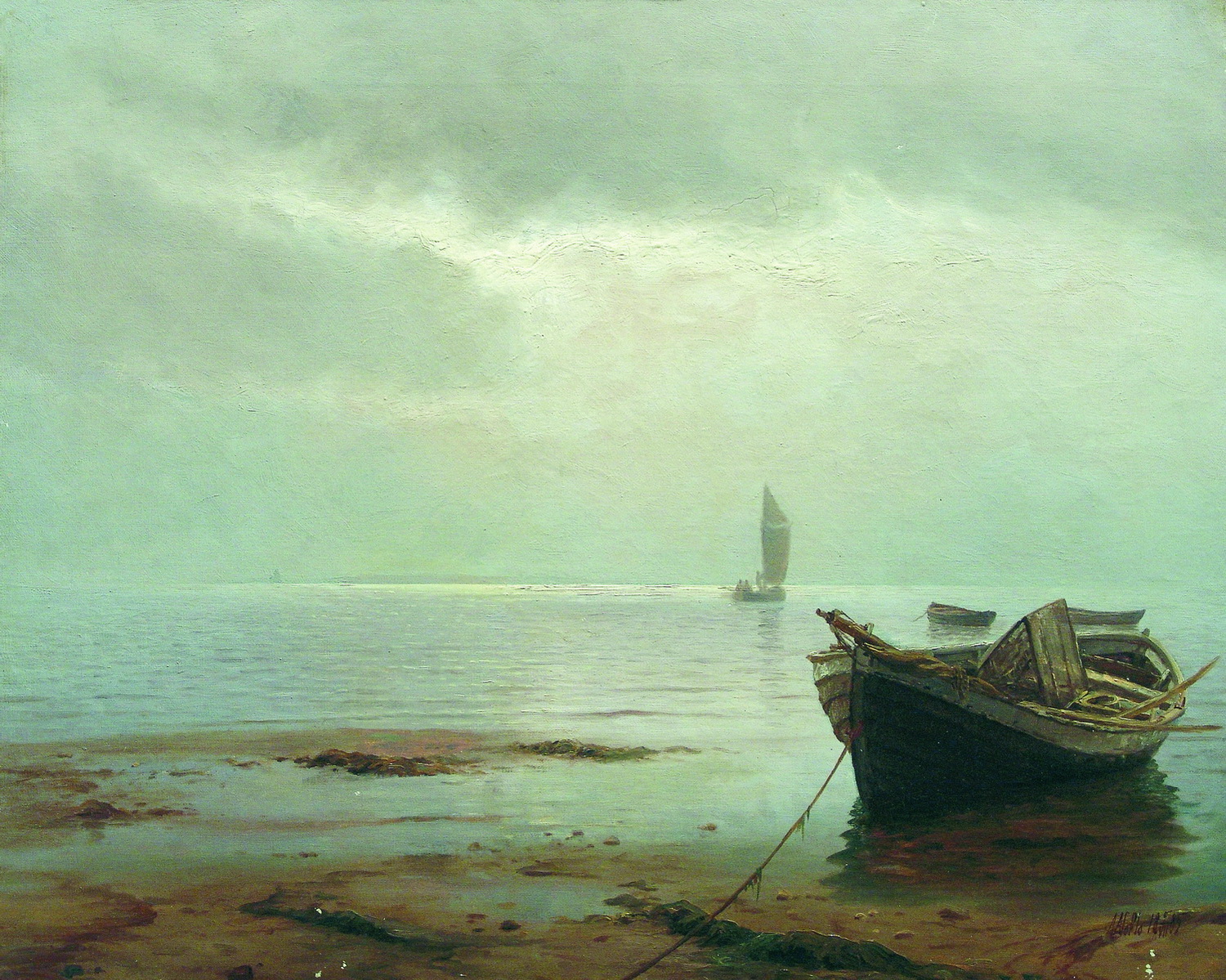 Лагорио. Лодка у берега и парусник. 1885