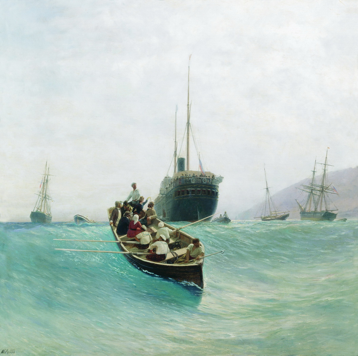 Лагорио. Выгрузка пассажирского судна. Лодка в море. 1888
