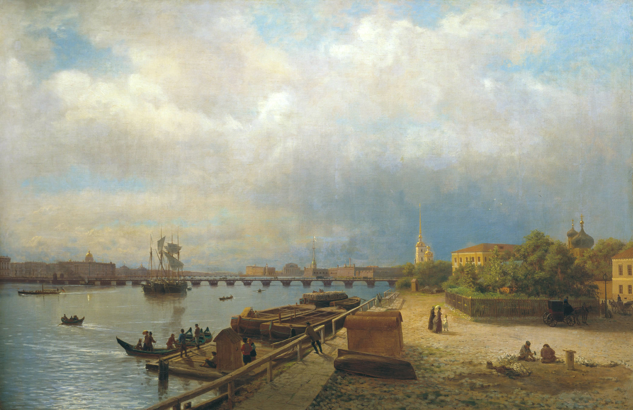 Лагорио. Вид на Неву и Петропавловскую набережную с домиком Петра I. 1859