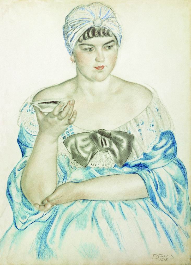 Кустодиев Б.. Женщина, пьющая чай. 1918