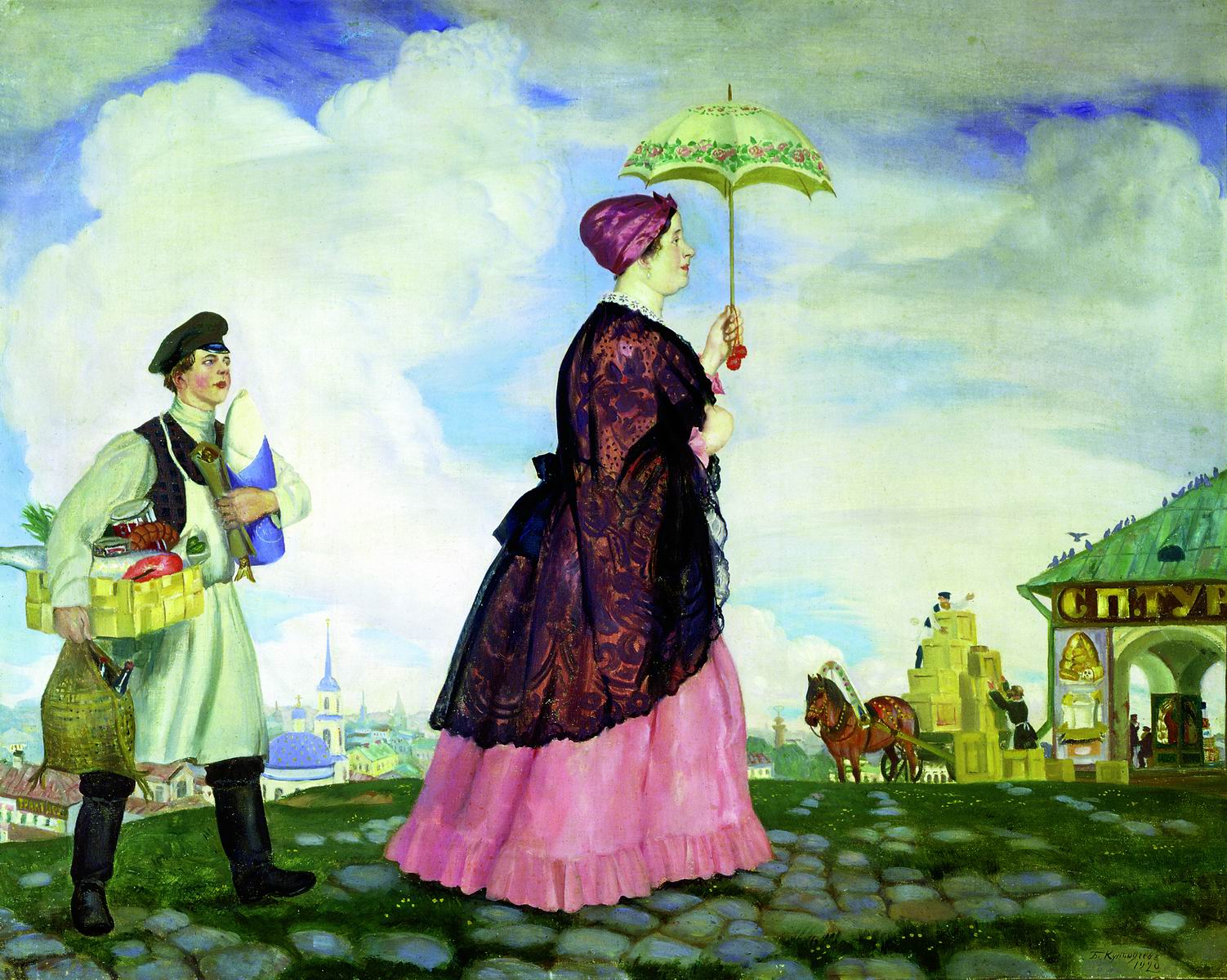Кустодиев Б.. Купчиха с покупками. 1920