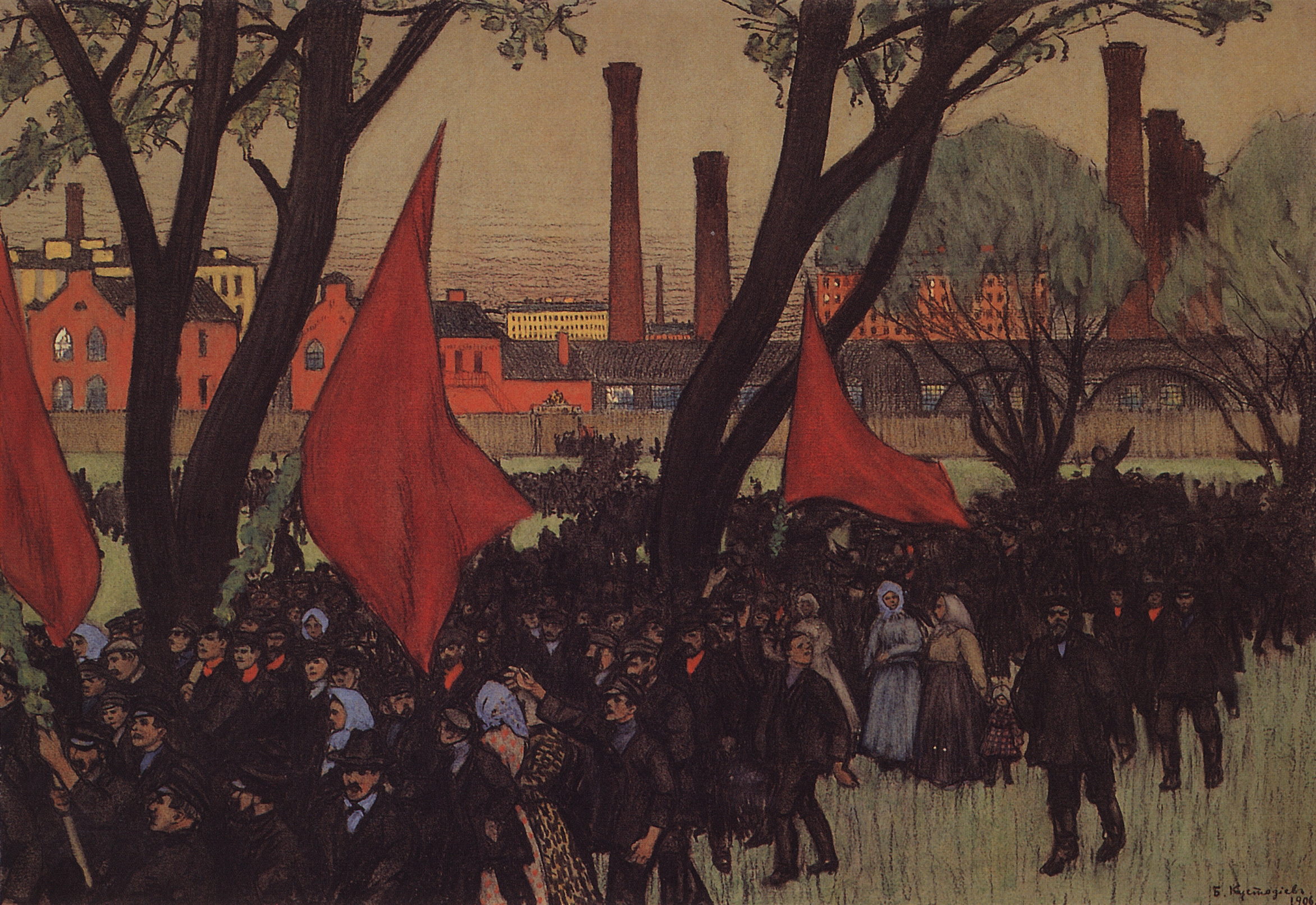 Кустодиев Б.. Первомайская демонстрация у Путиловского завода. 1906