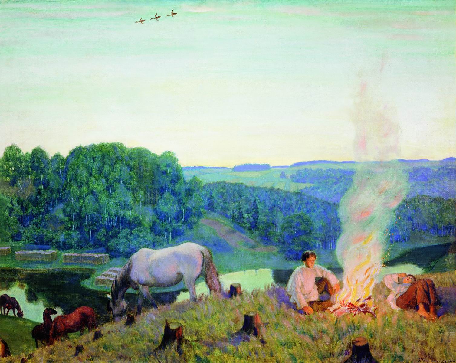 Кустодиев Б.. Костер. Ночное. 1916