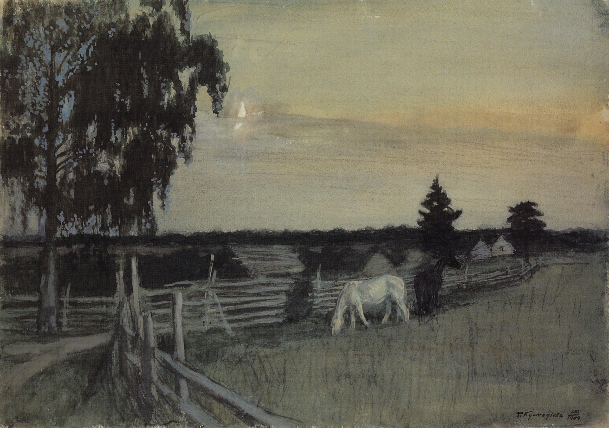 Кустодиев Б.. Пасущиеся лошади. 1909
