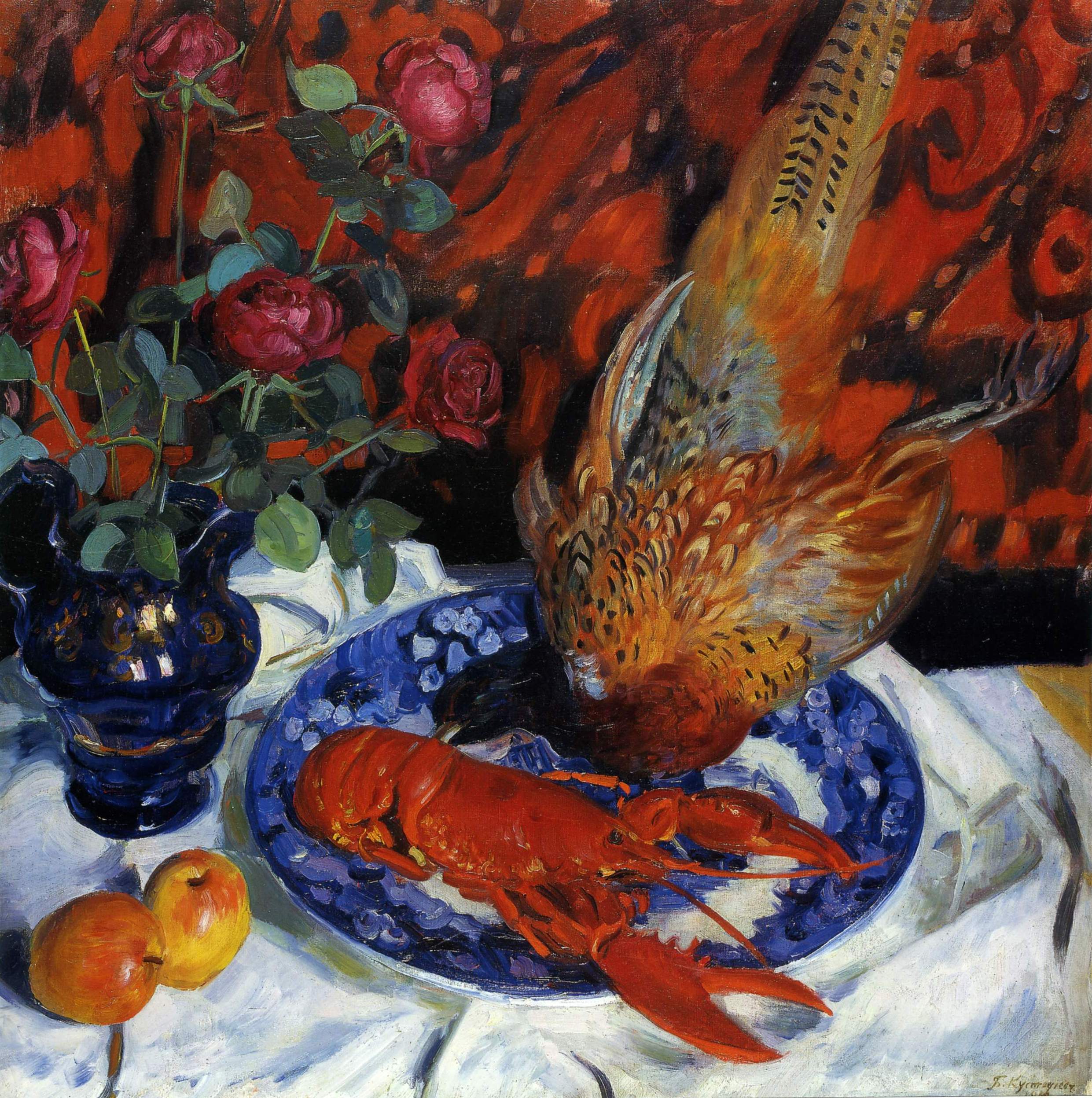 Кустодиев Б.. Натюрморт. Омар и фазан . 1912