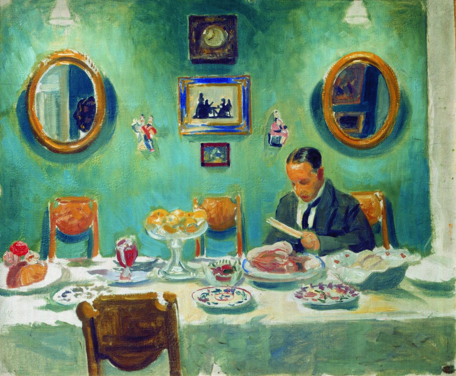 Кустодиев Б.. Портрет М.В.Добужинского за столом. 1913