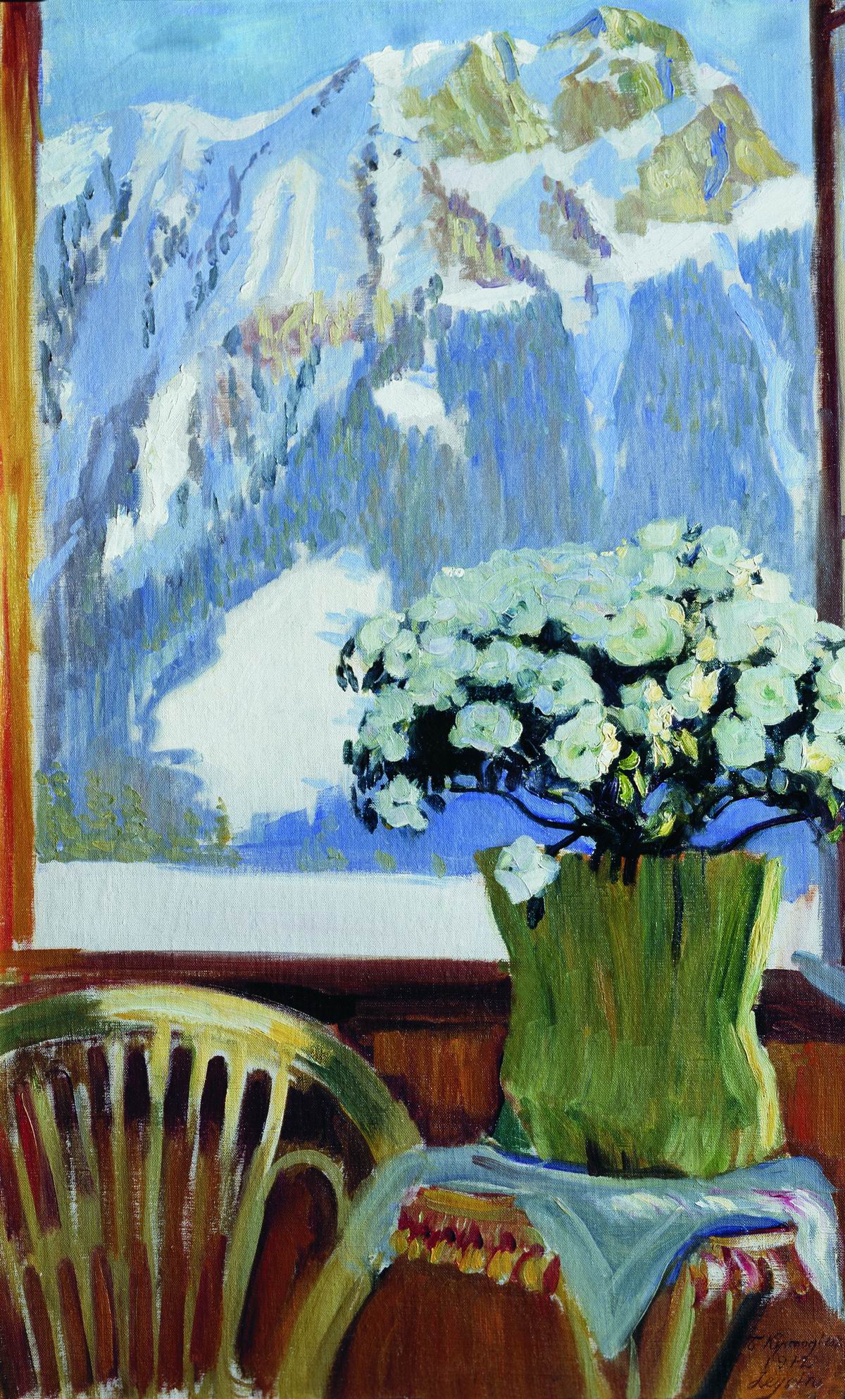 Кустодиев Б.. Цветы на балконе на фоне гор. 1912