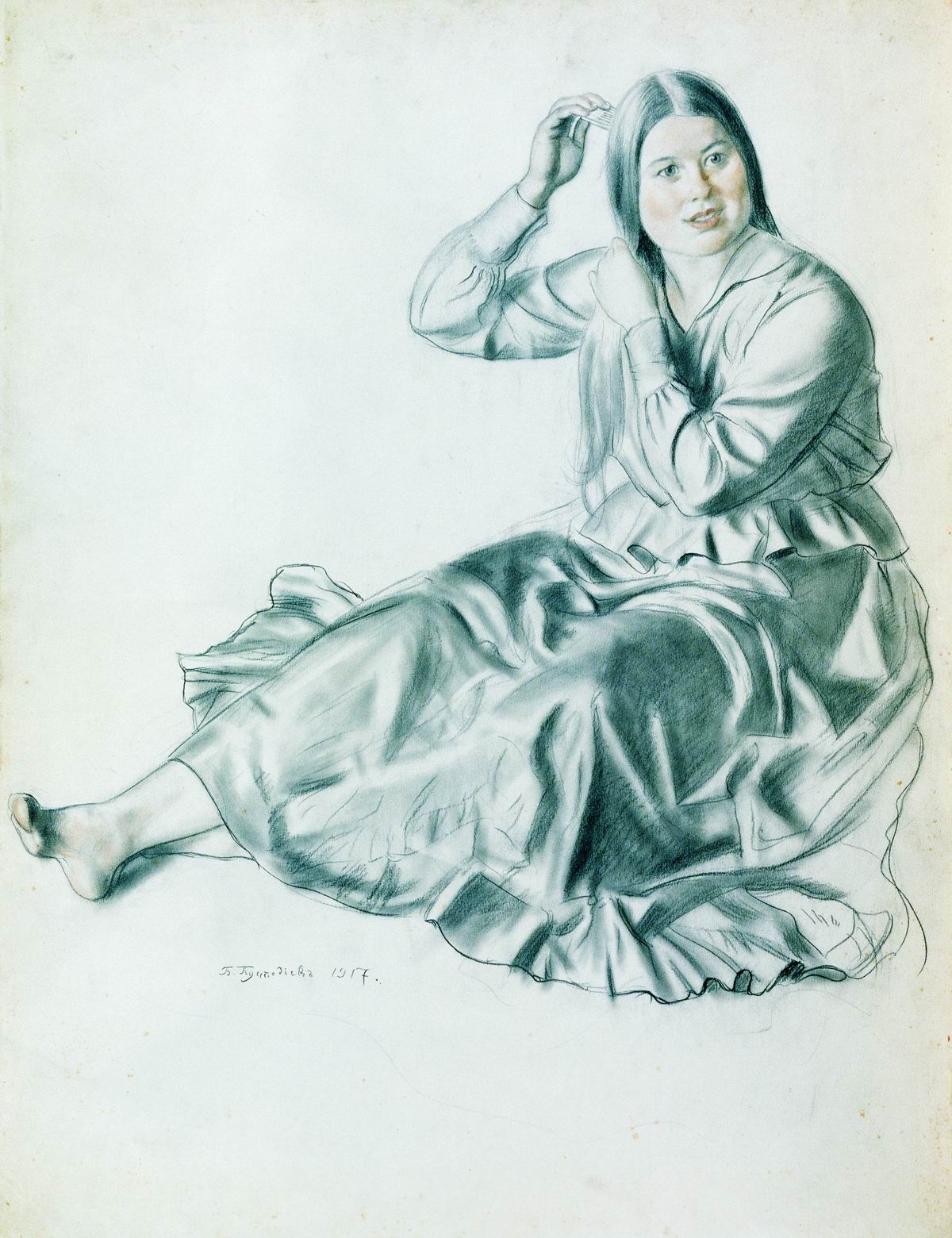 Кустодиев Б.. Девушка, расчесывающая волосы. 1917