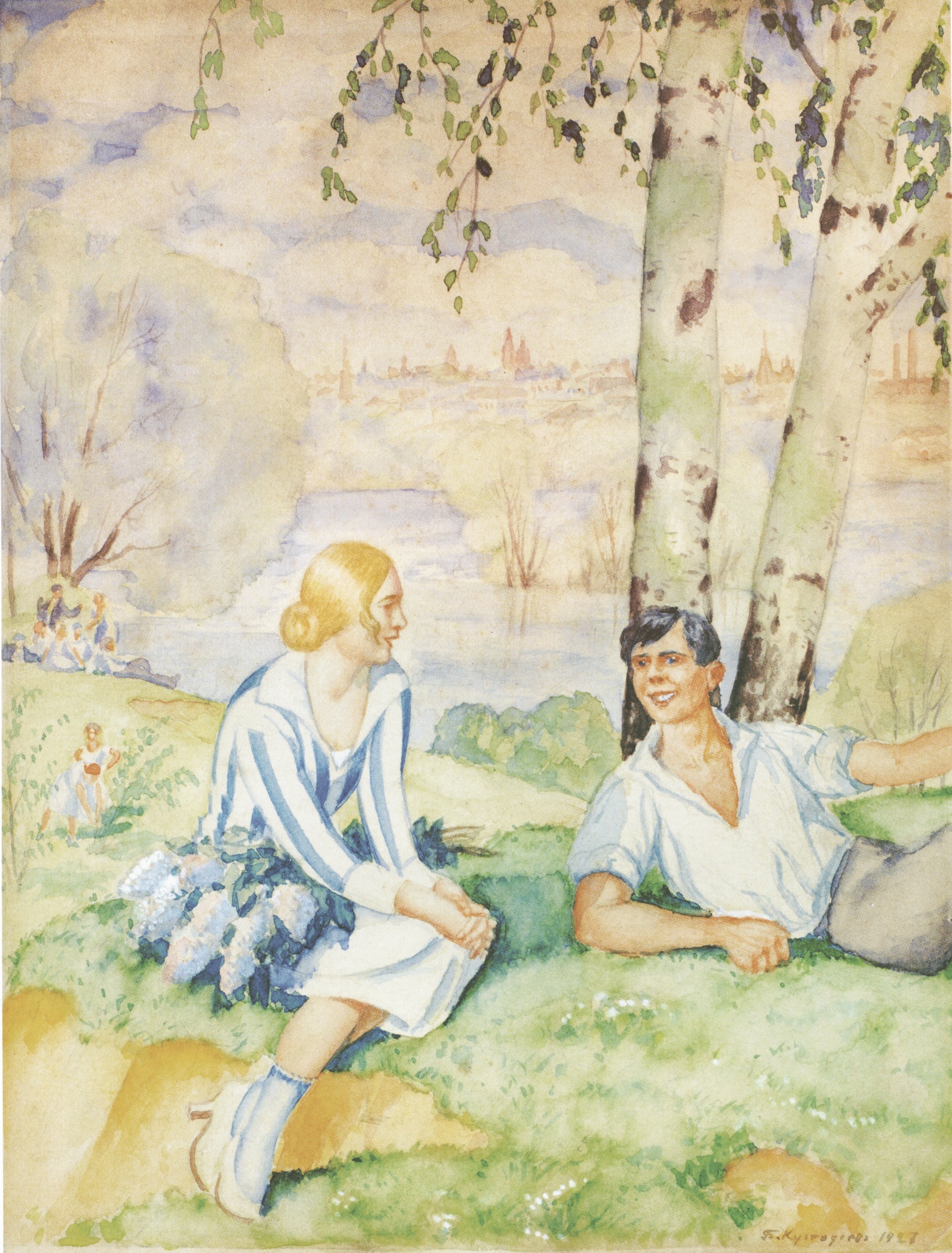 Кустодиев Б.. На берегу реки (весна). 1927