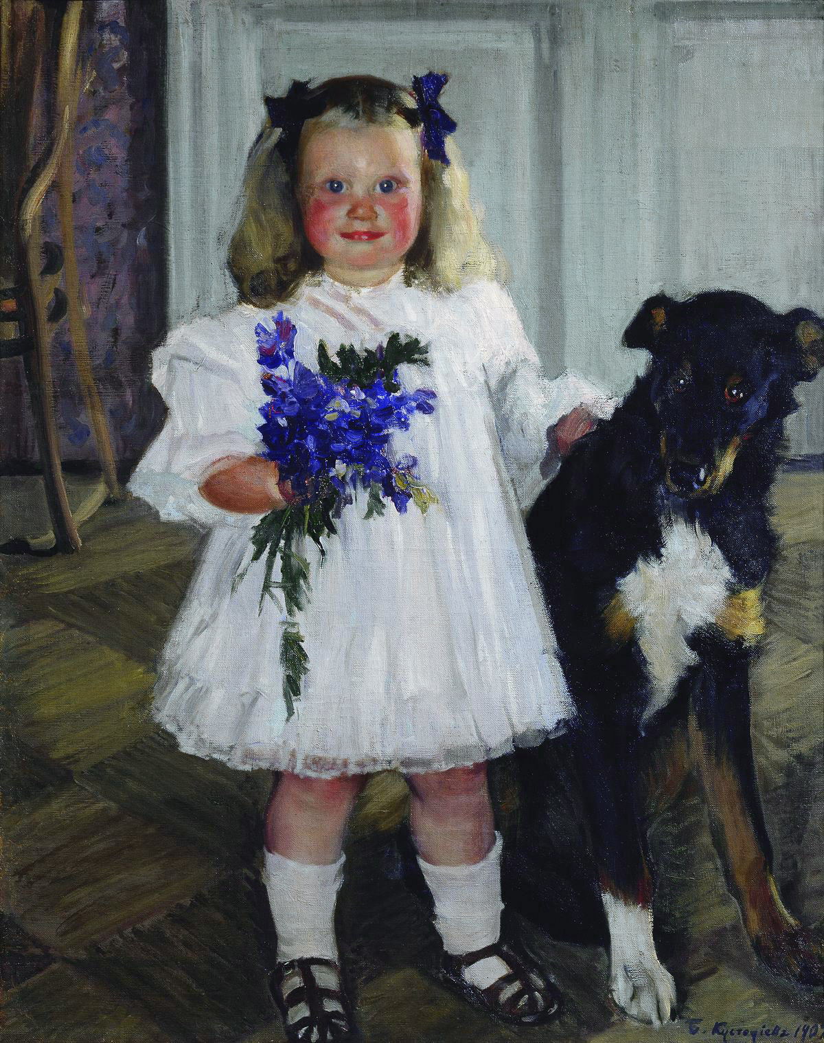 Кустодиев Б.. Портрет Ирины Кустодиевой с собакой Шумкой. 1907
