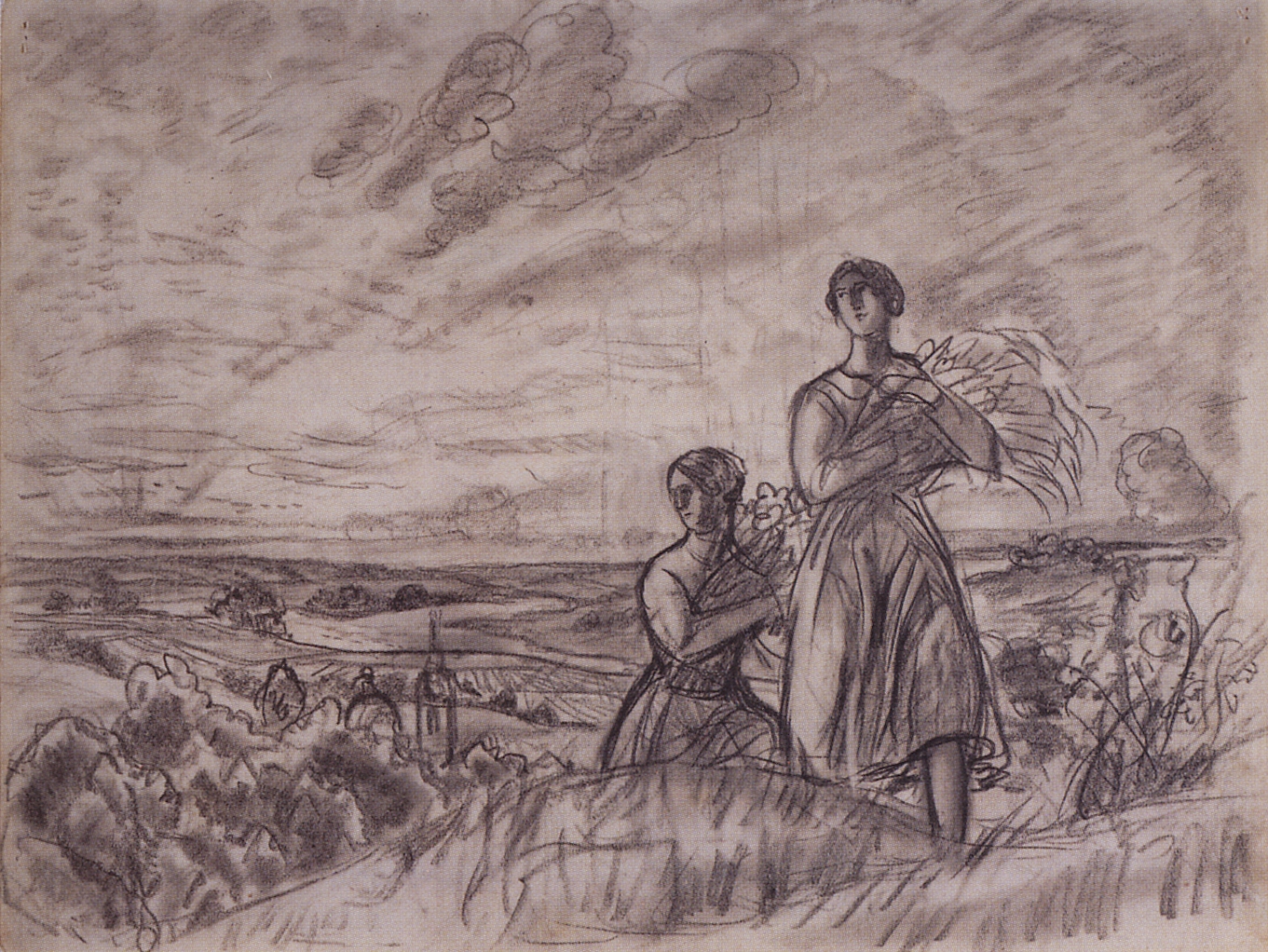 Кустодиев Б.. Летний пейзаж с женскими фигурами. Конец 1910-х