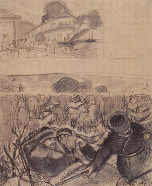 Кустодиев Б.. Автопортрет с женой (в санях). Пароход у пристани. 1918