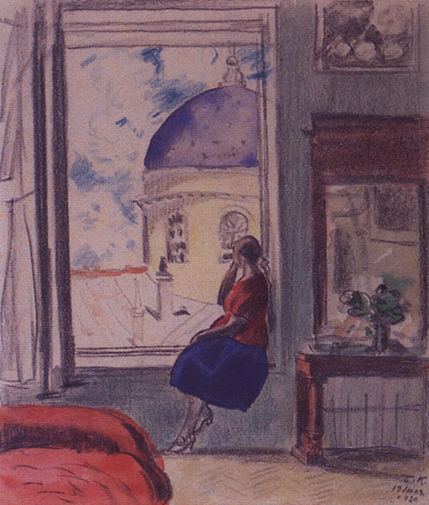 Кустодиев Б.. Интерьер. Женская фигура у окна (В мастерской). 1920