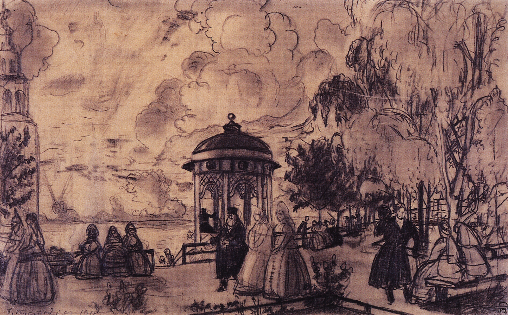 Кустодиев Б.. Общественный сад на высоком берегу Волги (Гулянье на берегу Волги). 1918