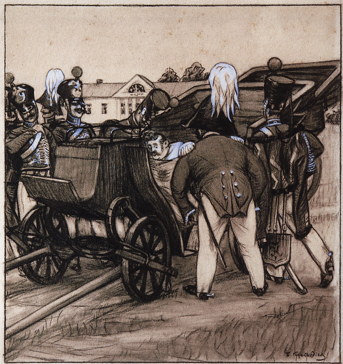 Кустодиев Б.. Офицеры у коляски. 1905