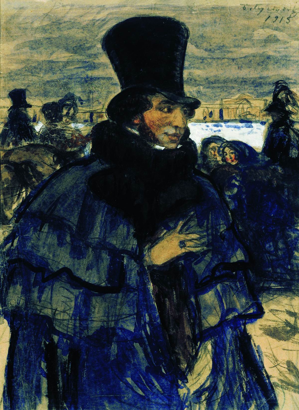 Кустодиев Б.. А.С.Пушкин на набережной Невы. 1915