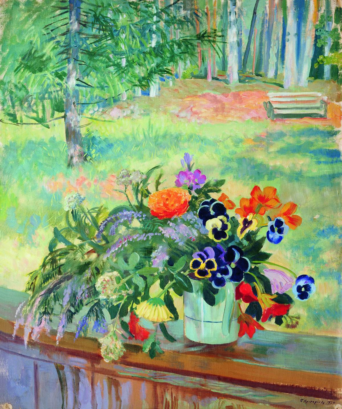 Кустодиев Б.. Букет цветов на балконе. 1924