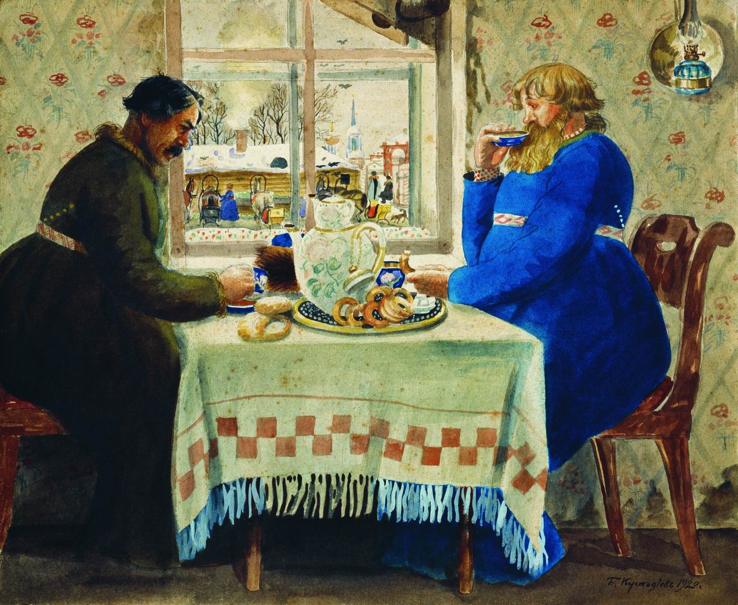 Кустодиев Б.. Извозчики. 1920