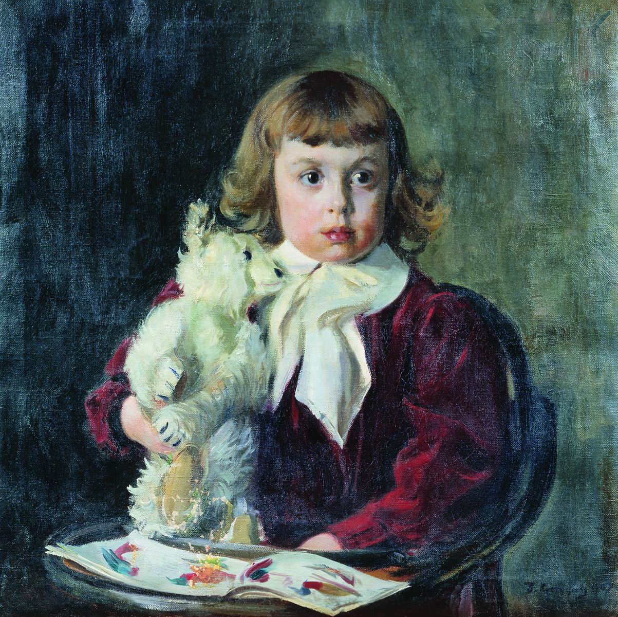 Кустодиев Б.. Мальчик с мишкой. 1907