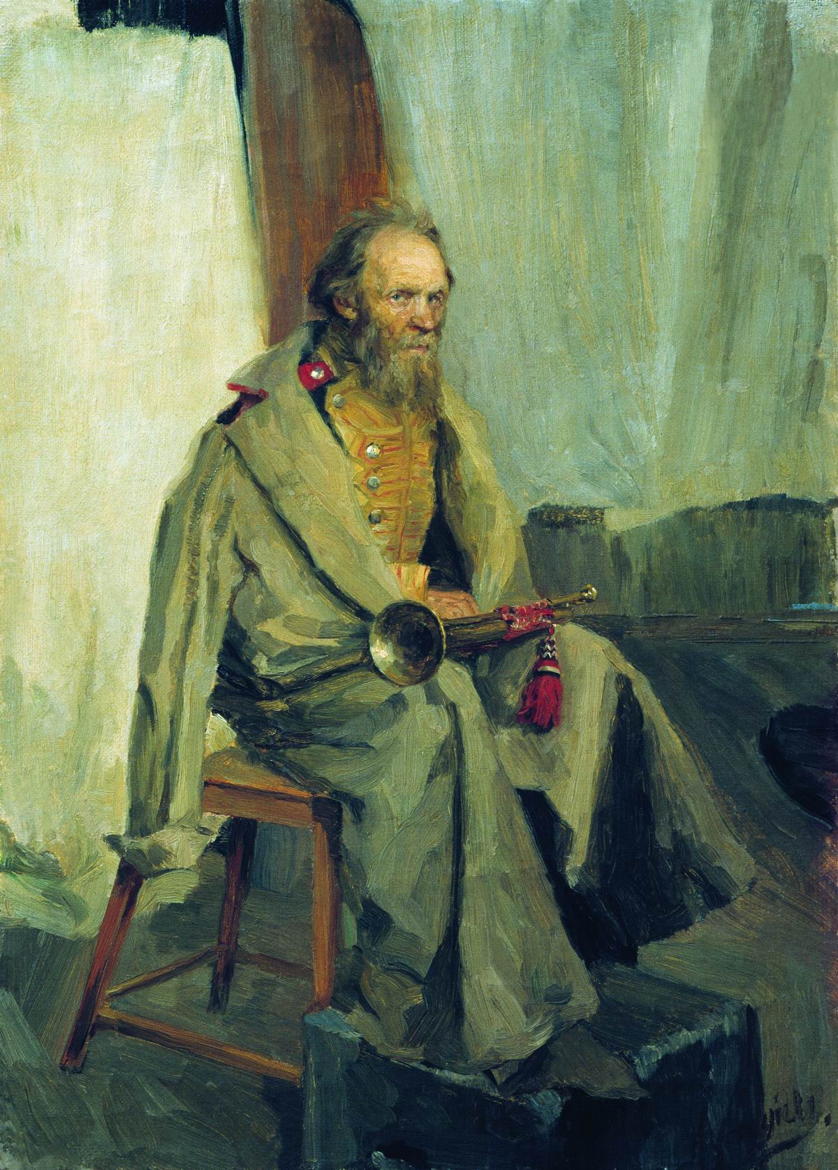 Кустодиев Б.. Натурщик в шинели. 1900