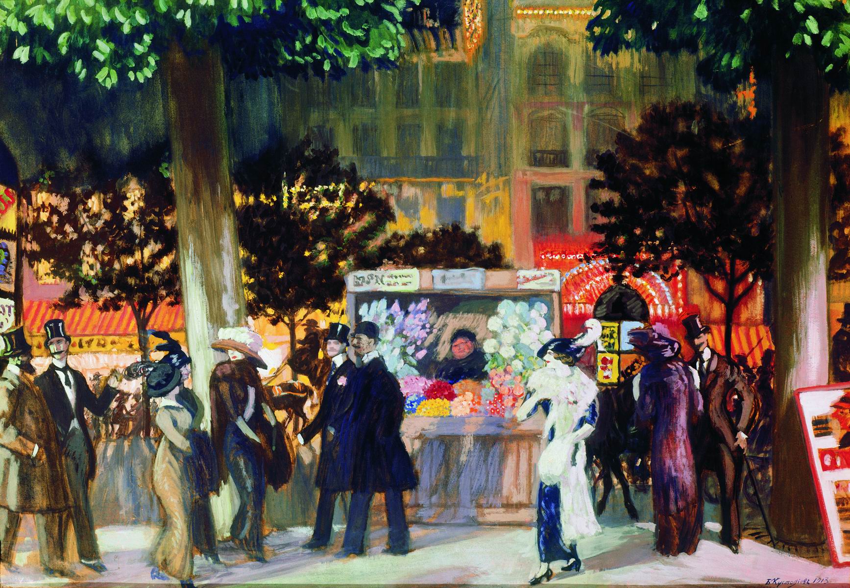 Кустодиев Б.. Парижский бульвар ночью. 1913