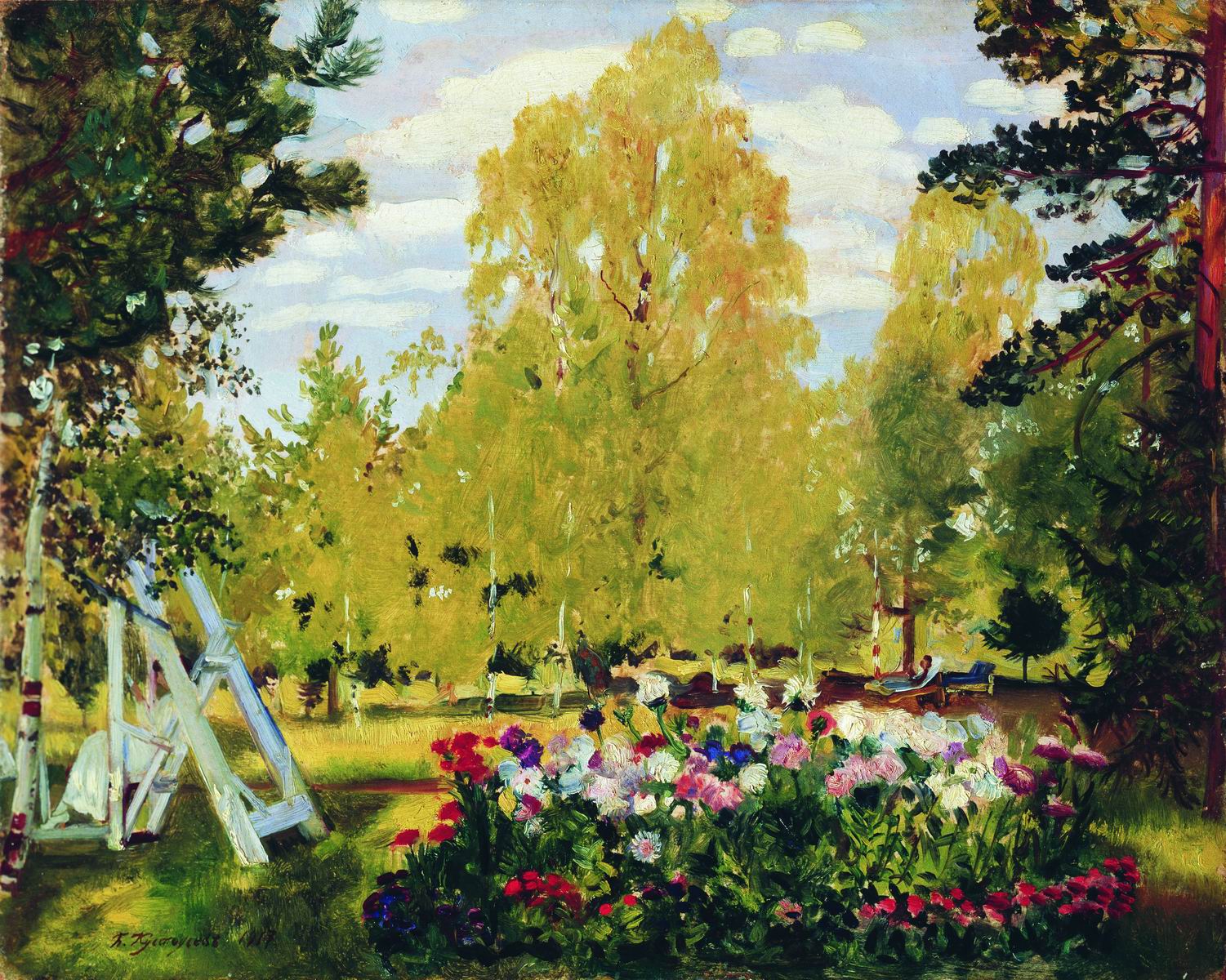 Кустодиев Б.. Пейзаж с цветочной клумбой. 1917