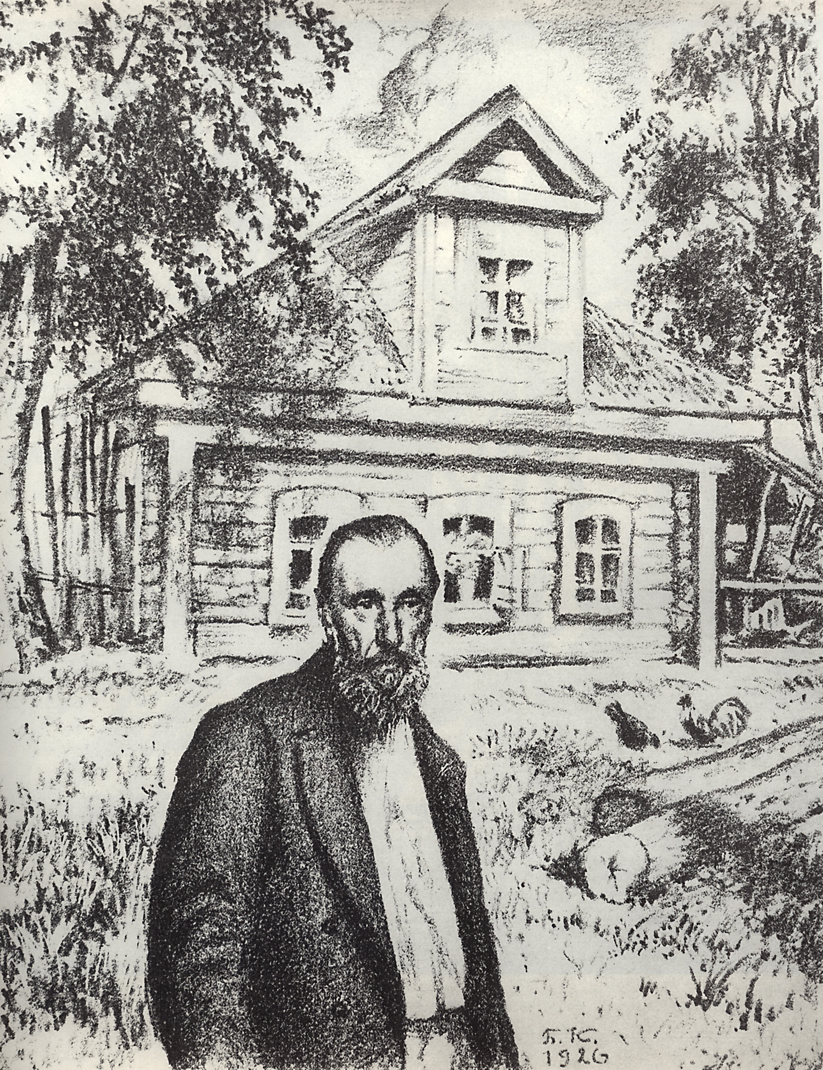 Кустодиев Б.. С.П.Подъячев у своей избы в селе Обольянинове. 1926